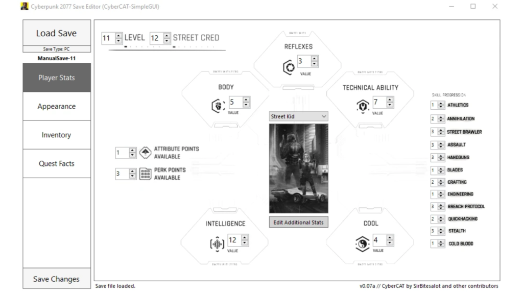 Screenshot from Cyberpunk 2077 Save Game Editor